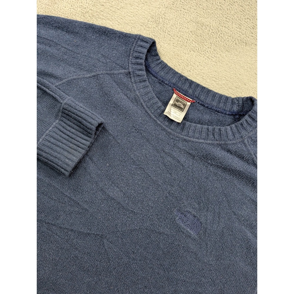 The North Face Mens Blue Wool Blend Crewneck Sweater Large Raglan Knit Logo